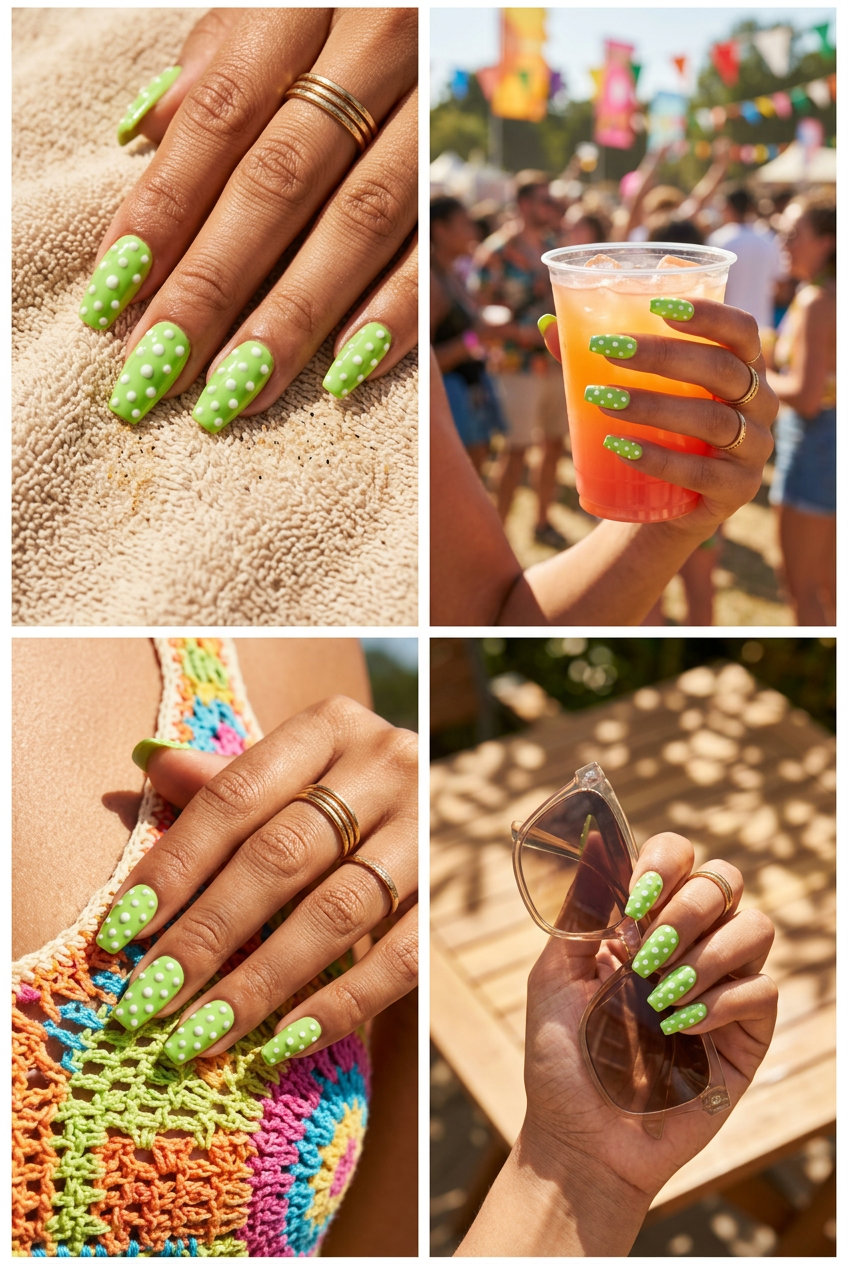 Playful textured lime green dot coffin nails for summer nails 2026. Fun casual style.