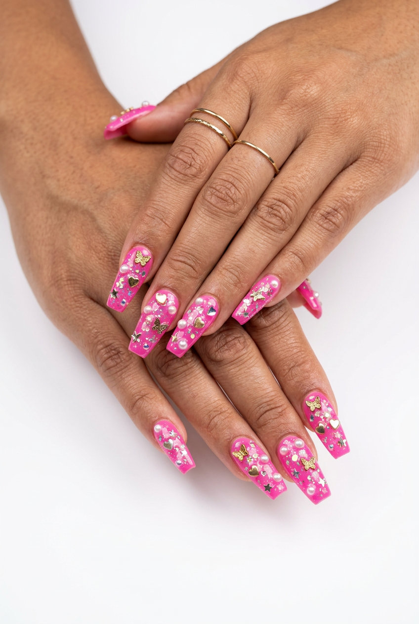 Y2K Charm Explosion coffin nails in hot pink with silver and holographic for summer nails 2026.