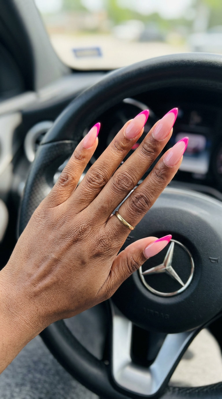 Hot Pink Micro French Square: Playful summer nails for dark skin 2026, perfect for casual outings.
