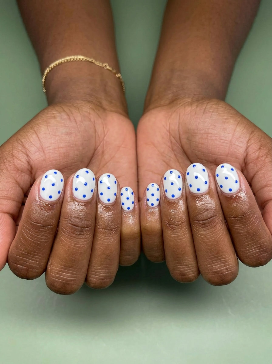 Cobalt & White Polka Dot Round nails for summer 2026, classic and playful for daily wear and brunch.