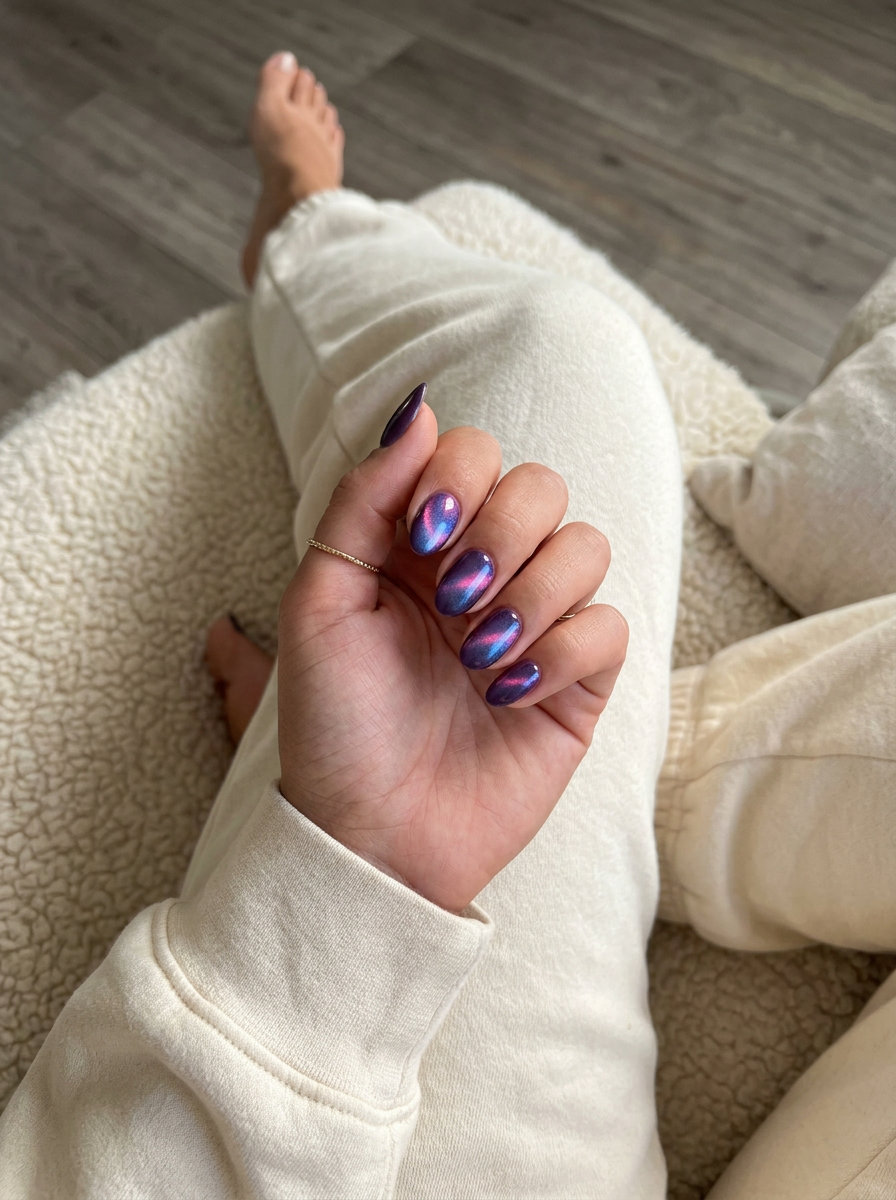 Enchanted Cat-Eye Oval nails for dark skin, deep purple with blue-pink shift, perfect for date night 2026.