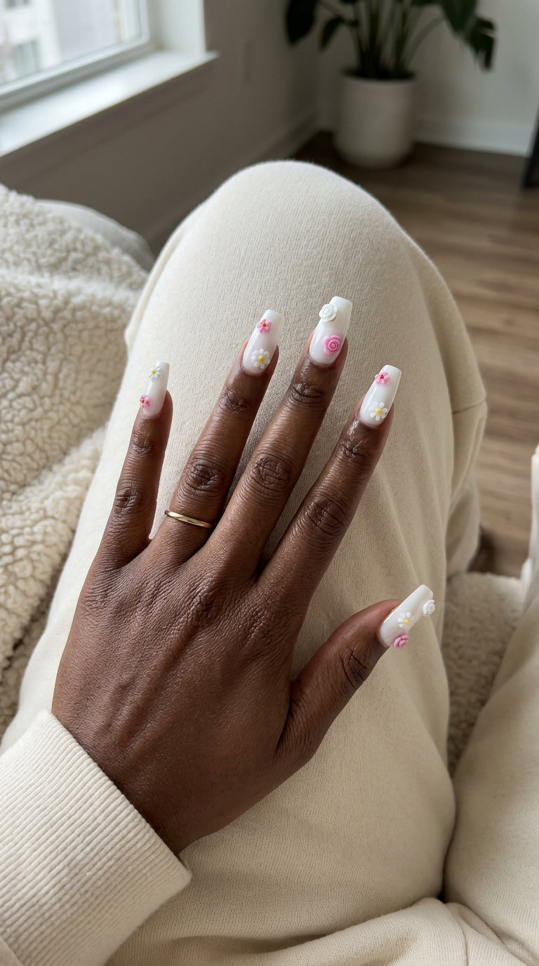 Garden Charm Coffin nails for summer 2026, whimsical and feminine for garden parties and weddings.