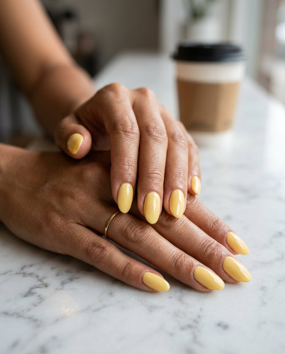Creamy butter yellow glossy oval nails for brunch, a cheerful summer nails one color 2026 trend.