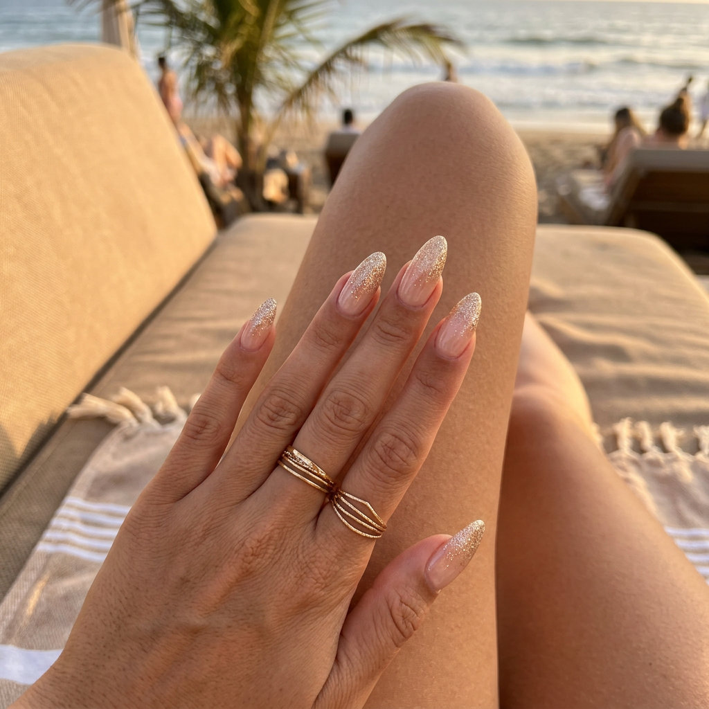 Champagne gold glitter ombre stiletto nails for weddings, a glamorous summer nails one color 2026 trend.