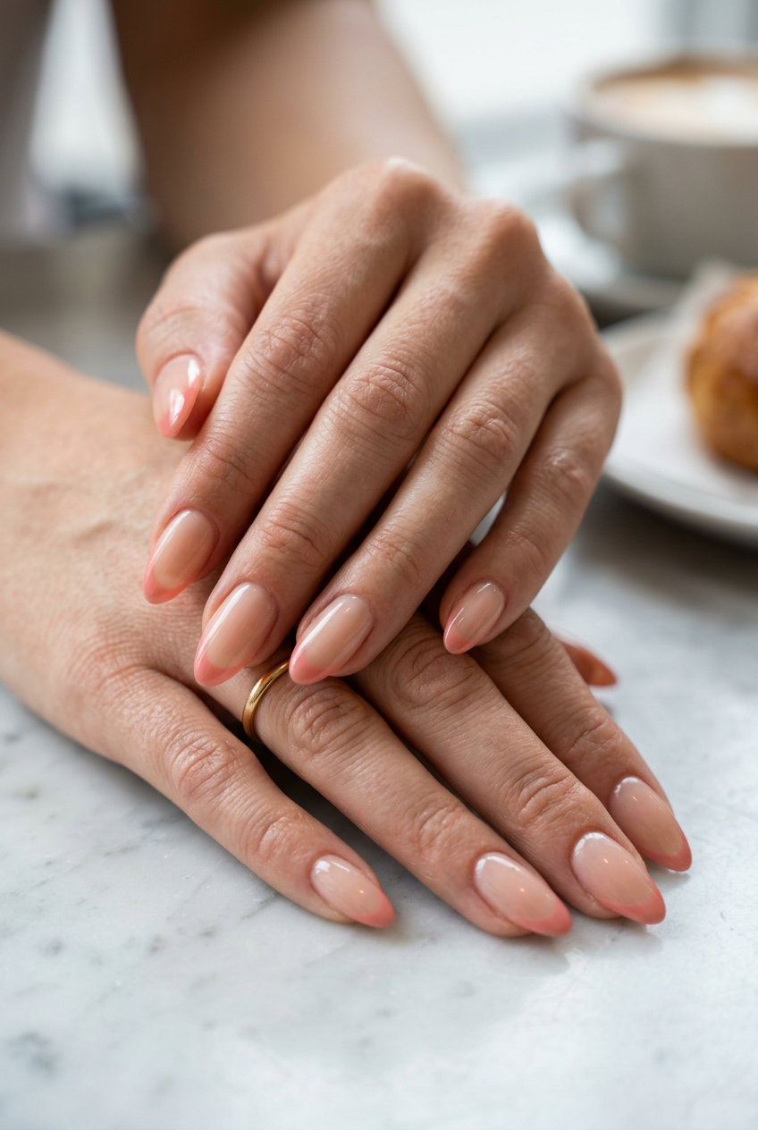 Sheer coral pink french tips on nude base for summer, a polished summer nails one color 2026 trend.
