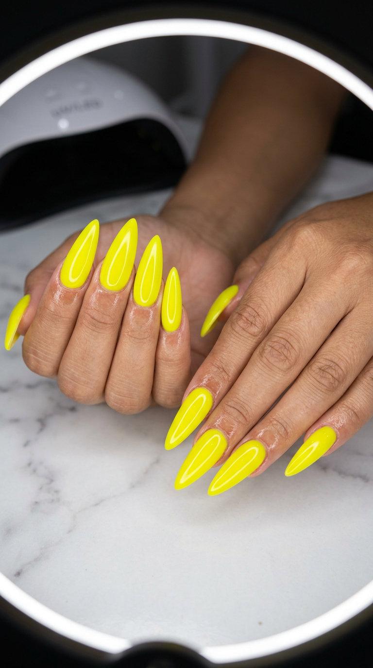 Electric yellow neon gloss nails for summer nails one color 2026, perfect for festivals and bold fashion.
