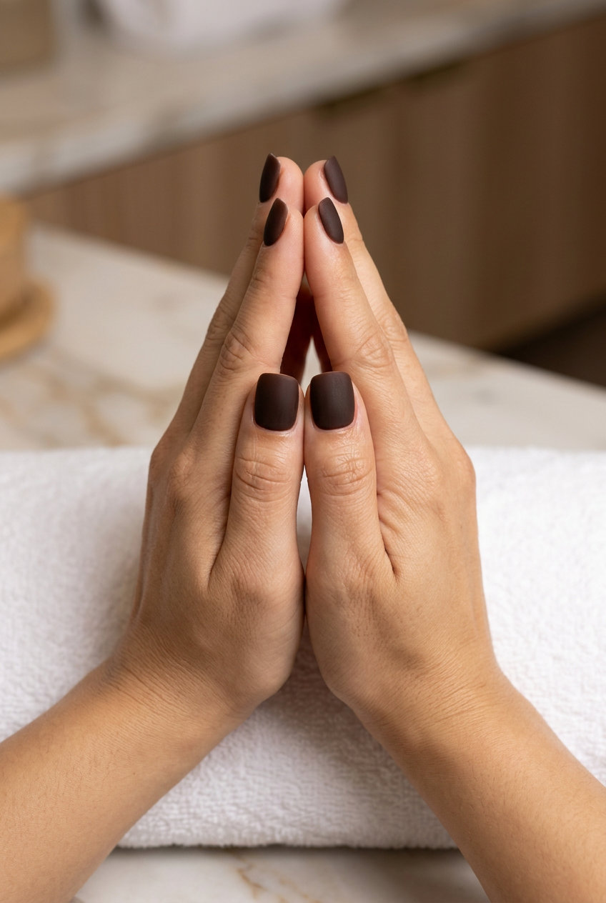 Espresso brown velvet matte nails for summer nails one color 2026, ideal for daily wear and work.