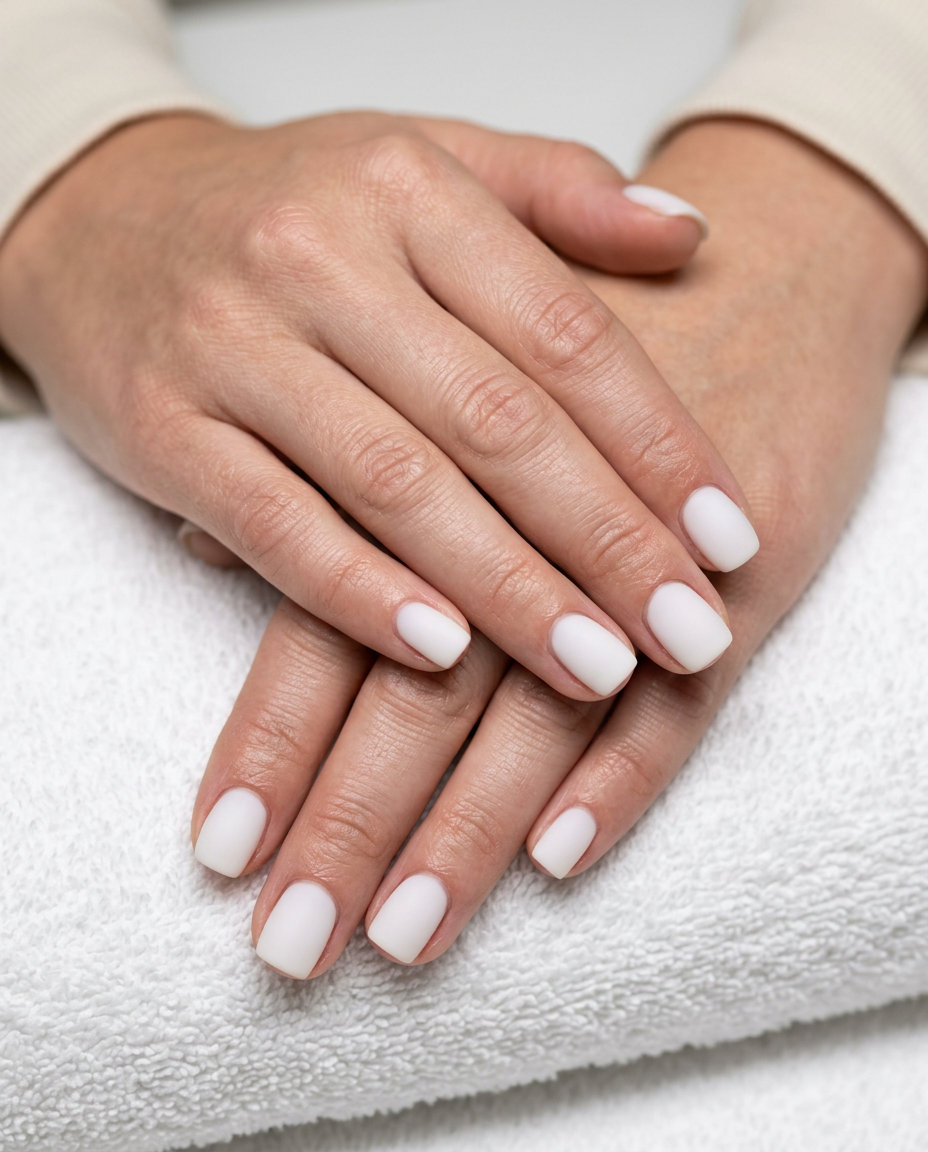 Milky white velvet matte softness nails for minimalist style, an elegant summer nails one color 2026 trend.