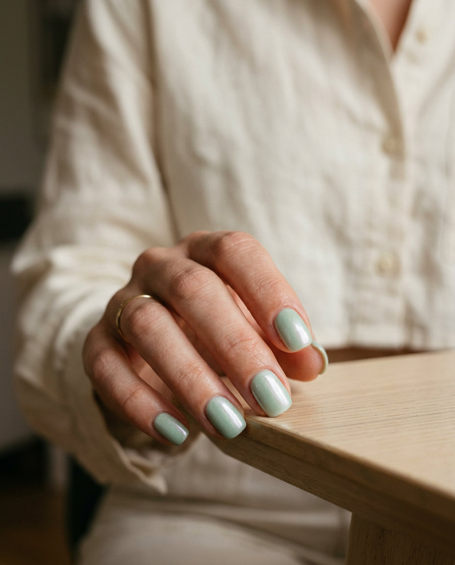 Soft mint green pearlescent shimmer nails for daily wear, a refined summer nails one color 2026 trend.