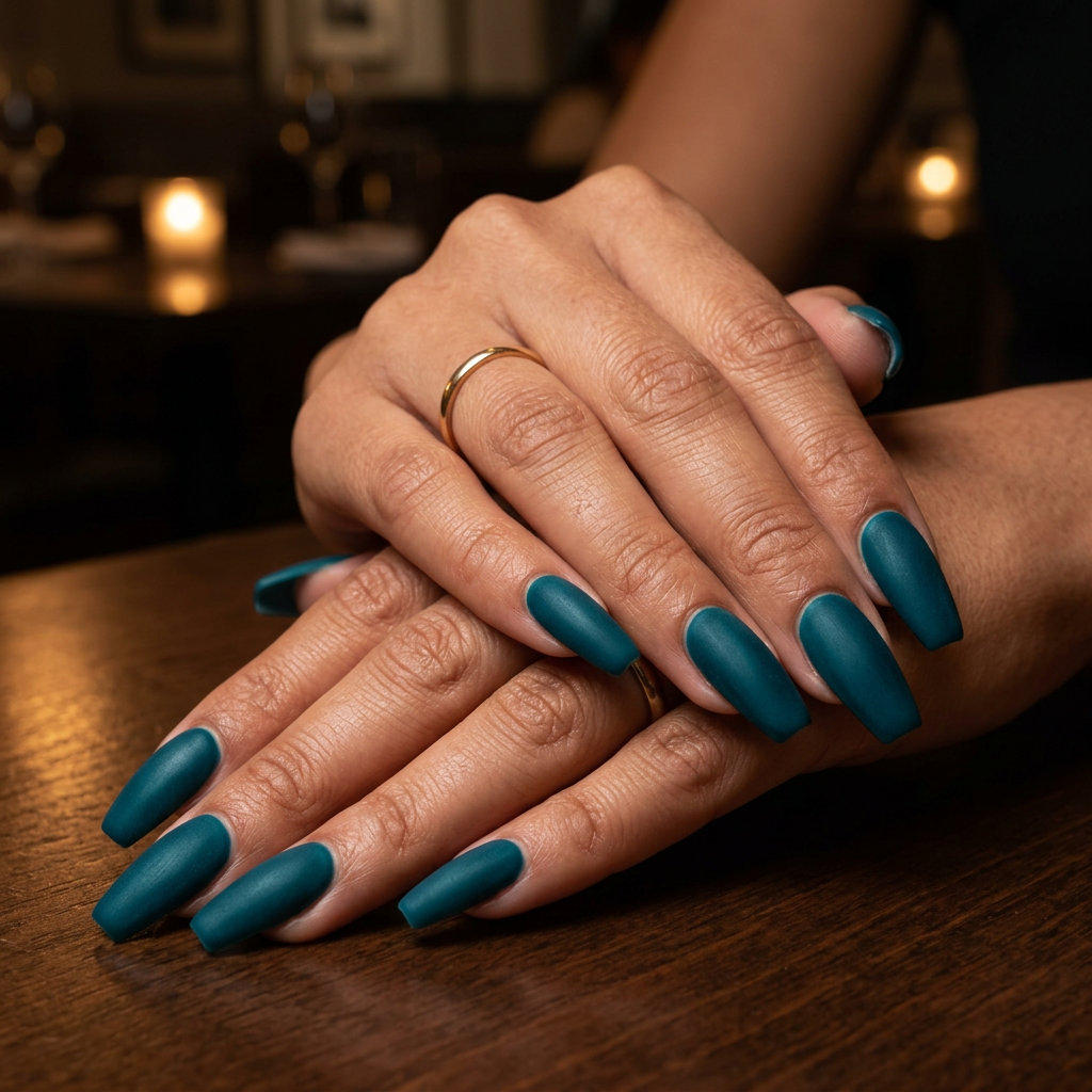 Ocean teal velvet coffin nails for summer nails one color 2026, ideal for formal events and date nights.