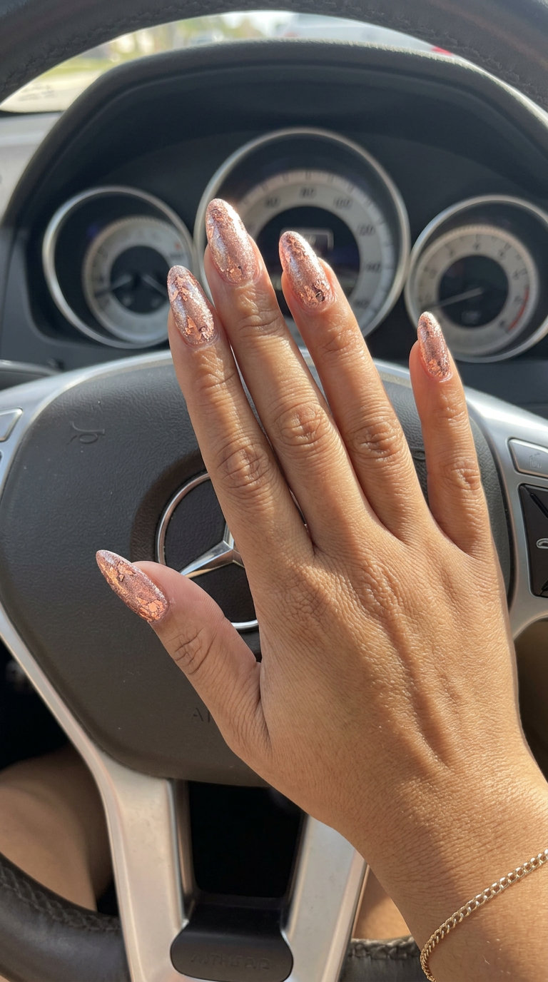 Rose gold metallic foil flake nails for summer nails one color 2026. Glamorous for parties and night outs.