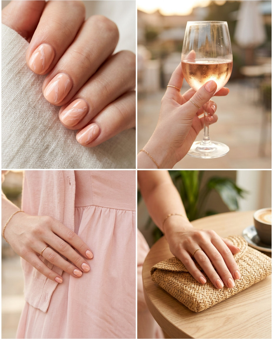 Soft peach milky marble nails for romantic dates, an artistic summer nails one color 2026 trend.
