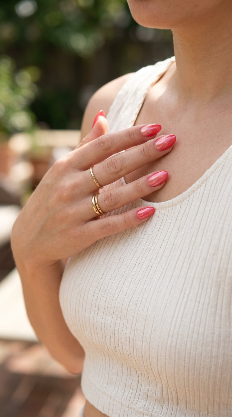 Watermelon red glazed donut nails for summer nails one color 2026, ideal for date nights and parties.