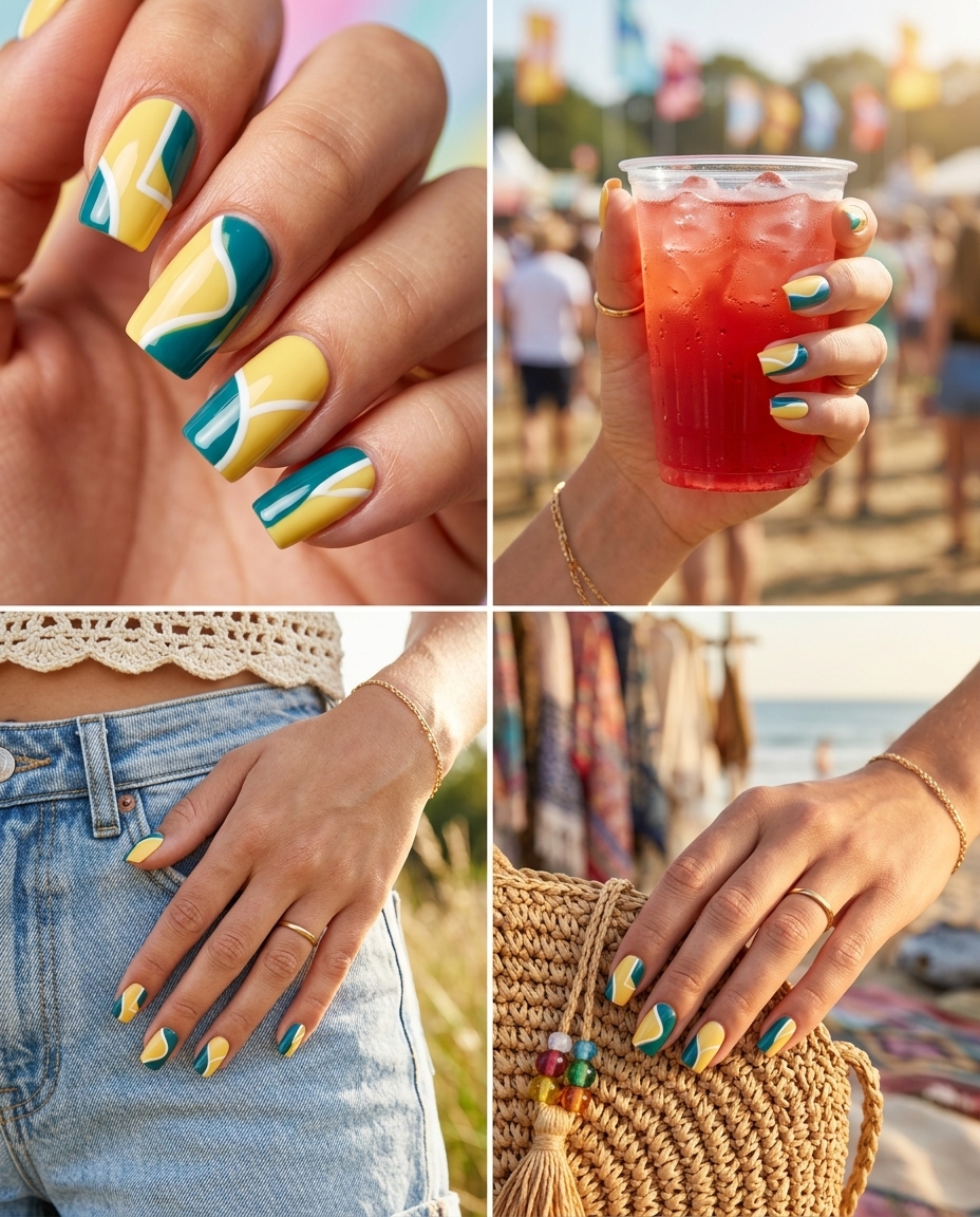 Butter yellow & teal color block square nails for playful summer 2026 festivals.