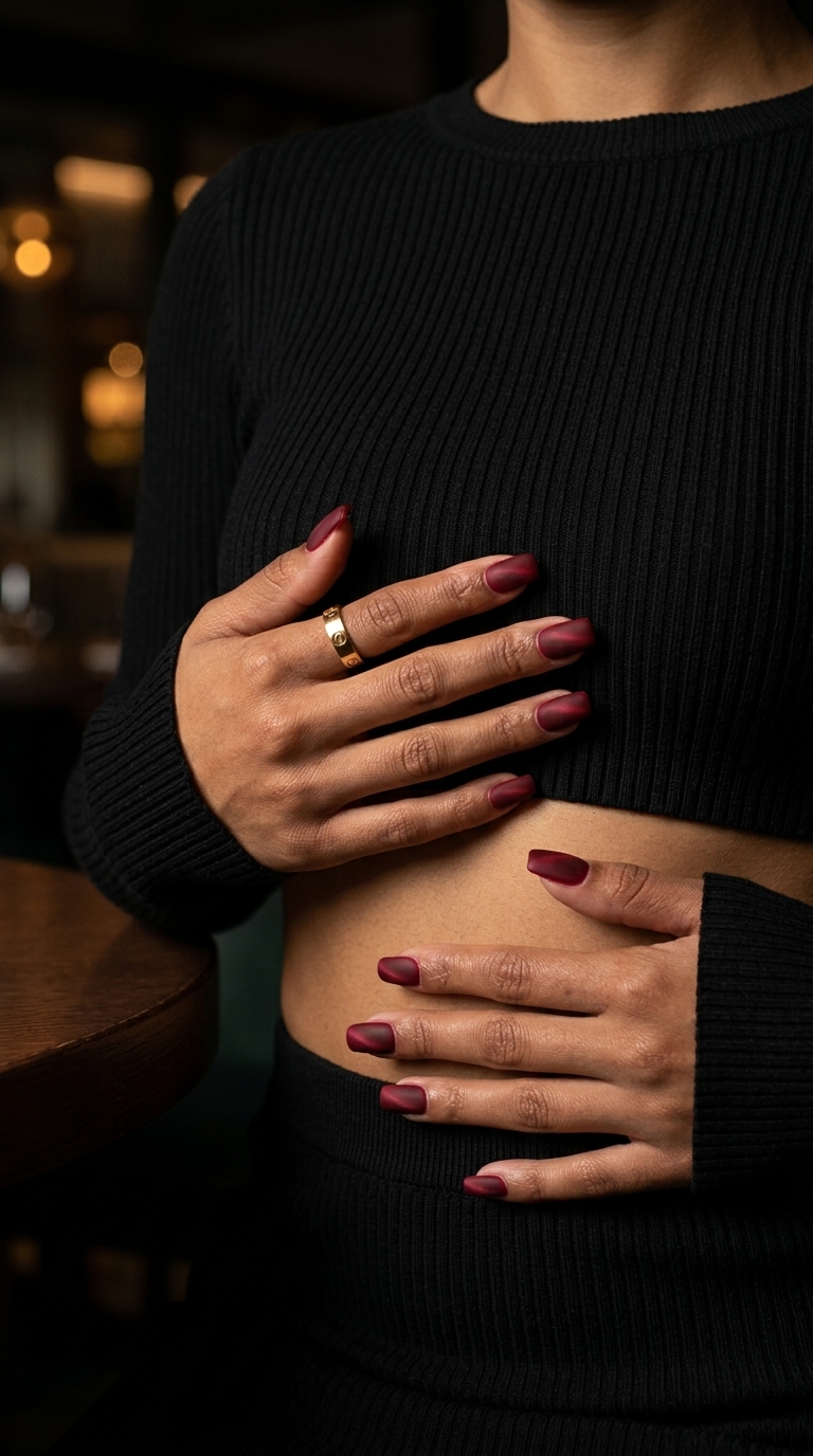 Cherry red velvet matte square nails for sultry summer 2026 date nights.