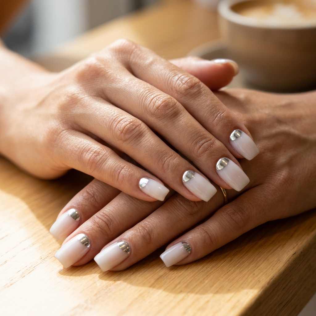 Chrome accent half moon square nails for futuristic summer 2026 daily wear.