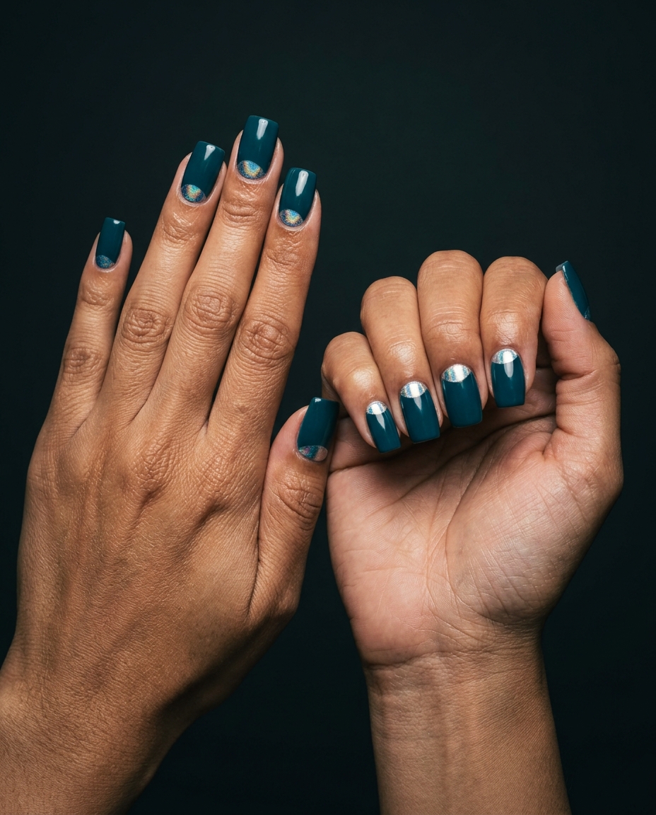 Chrome teal crescent medium square nails for glamorous summer 2026 date nights.