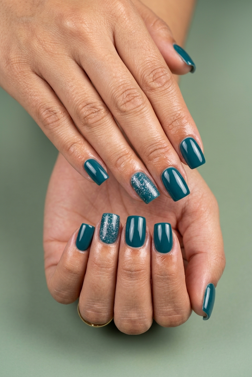 Deep teal glitter accent square nails for glamorous summer 2026 parties.