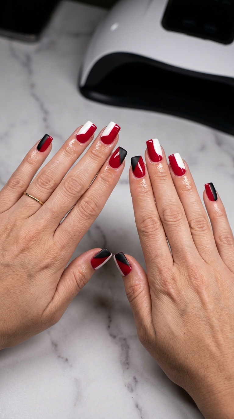 Bold geometric red block party nails on medium square for summer nails square medium 2026. Edgy night out style.