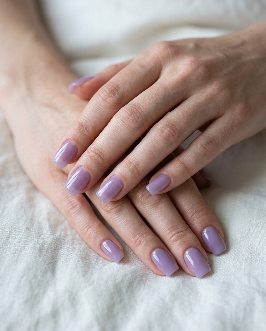Whimsical lavender jelly sheer nails on medium square for summer nails square medium 2026. Light & playful vacation style.