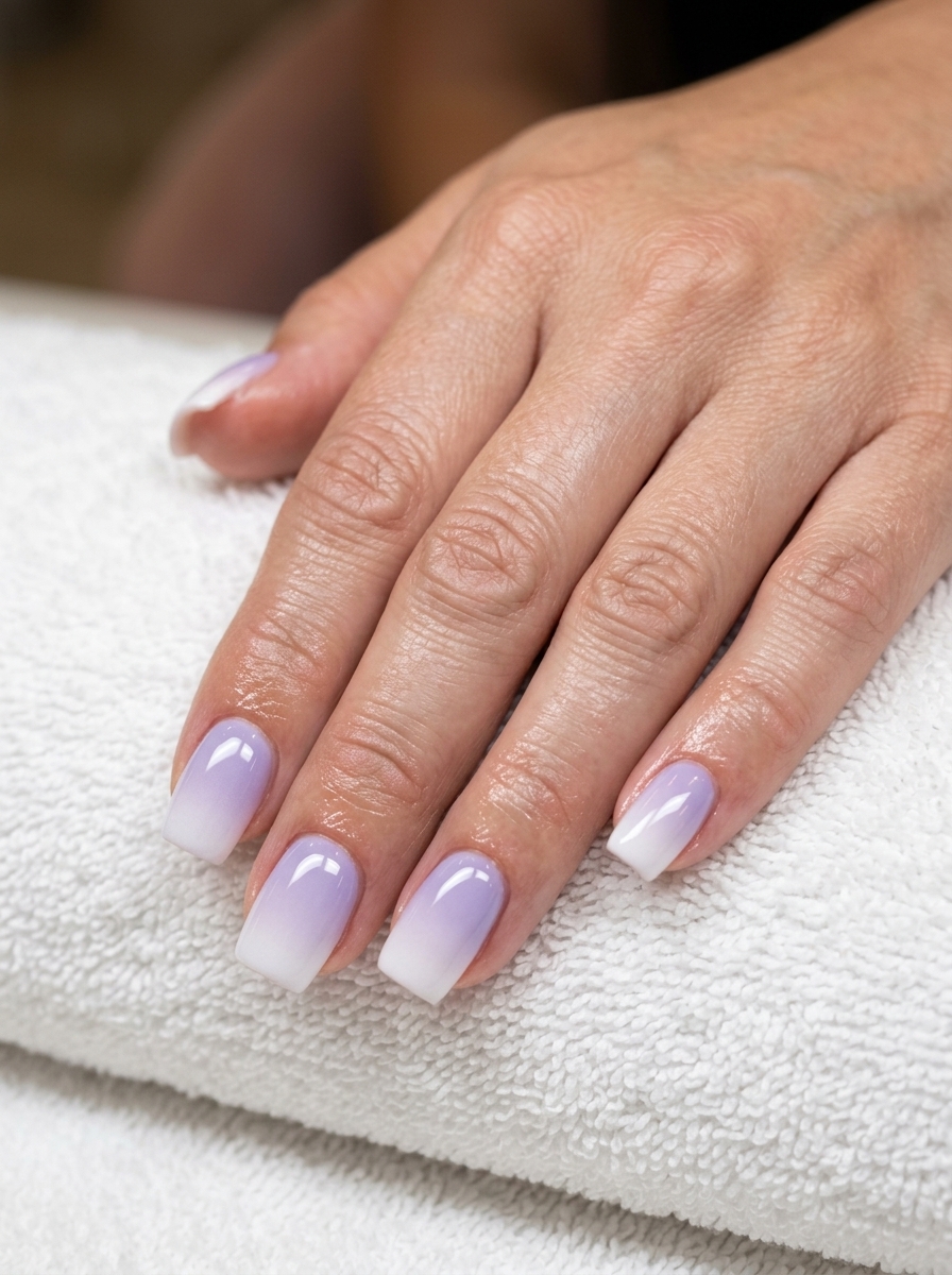 Dreamy lavender & white ombre medium square nails for romantic summer 2026 dates.