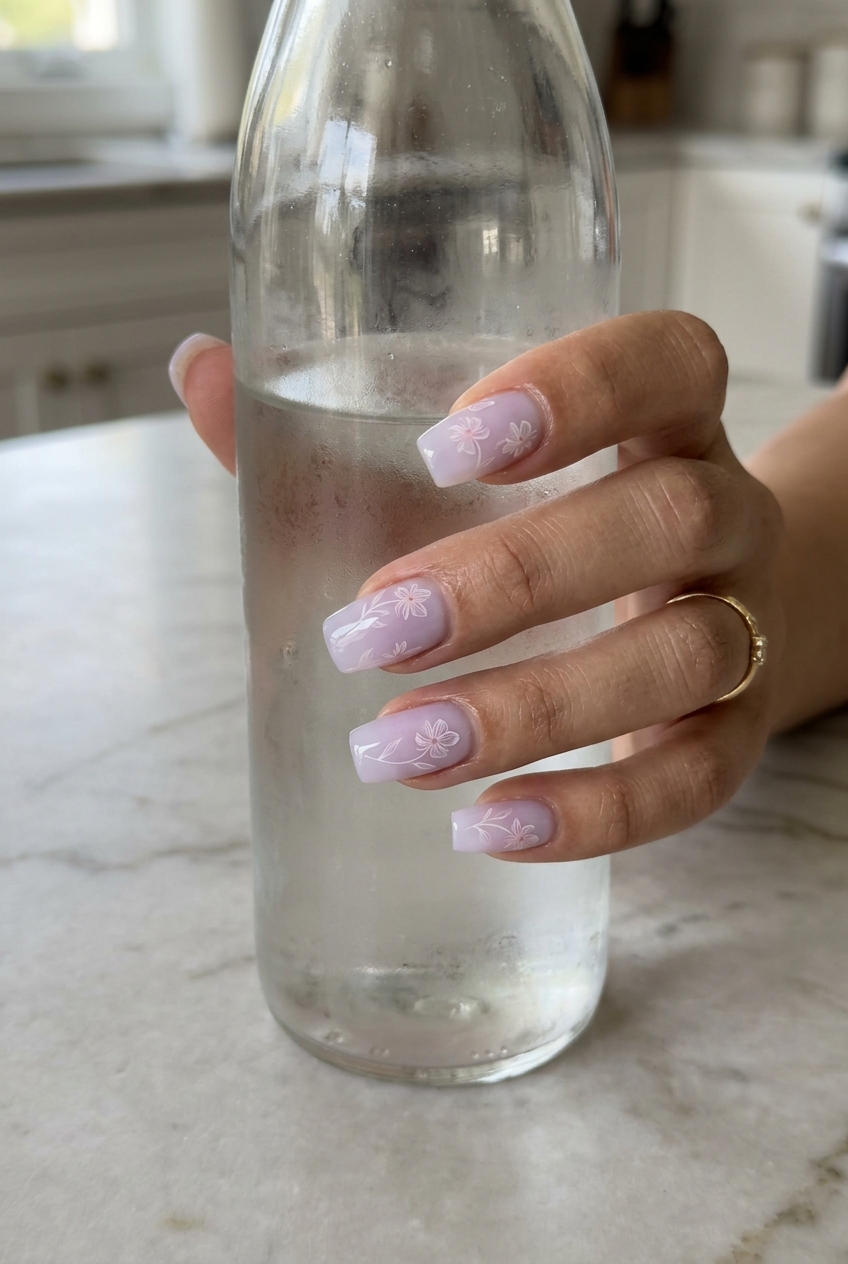 Dreamy milk bath floral nails on medium square for summer nails square medium 2026. Romantic garden party style.