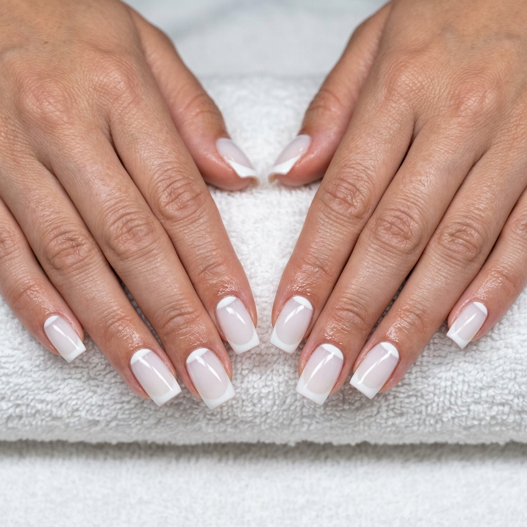 Milky white reverse French medium square nails for chic summer 2026 daily wear.