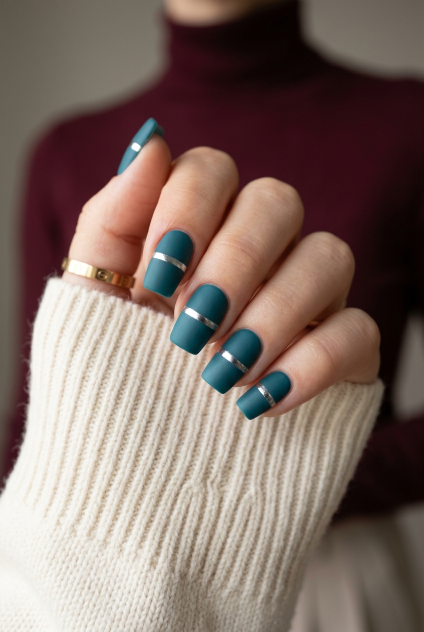Edgy teal chrome line on medium square nails for summer nails square medium 2026. Futuristic party style.
