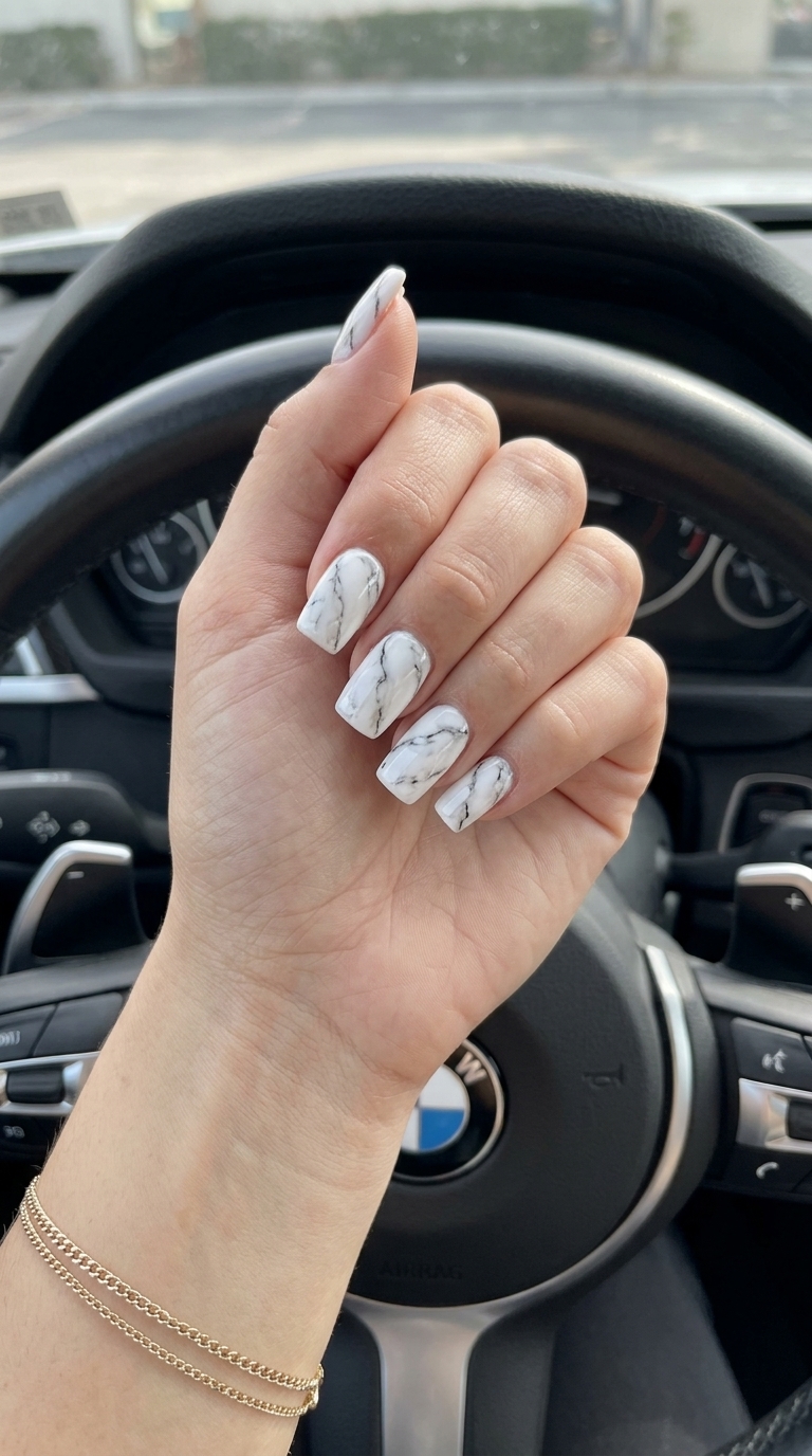 Sophisticated white square marble effect nails for summer nails square medium 2026. Elegant daily wear & business.