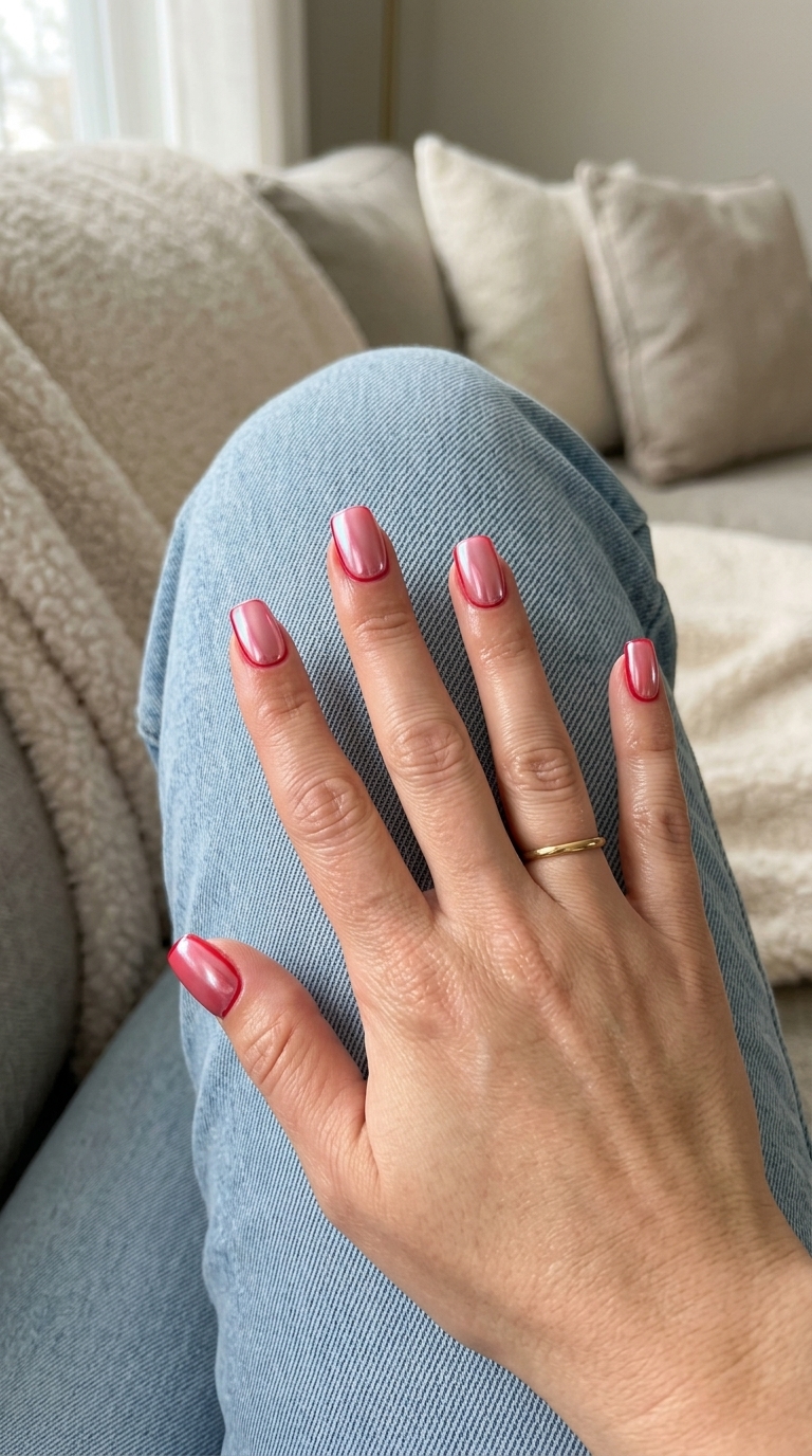 Summer nails square medium 2026: Vibrant cherry red with iridescent pink-white chrome for a glamorous date night or party.