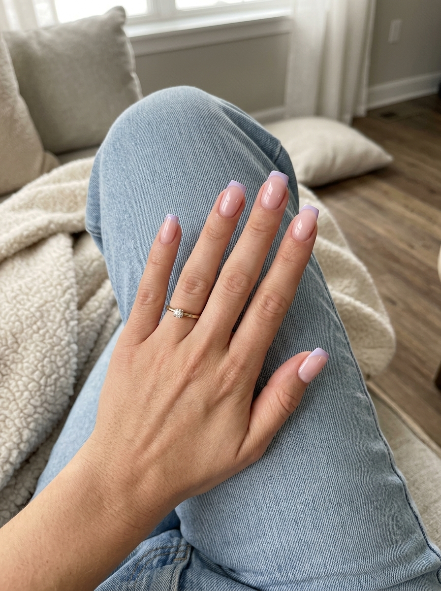 Summer nails square medium 2026: Sheer milky pink with soft lavender French tips for a playful, clean-girl casual look.
