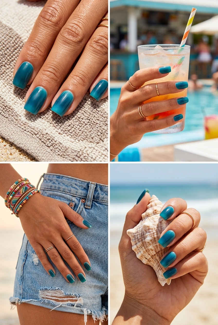 Summer nails square medium 2026: Deep teal aura gradient for a mysterious and sophisticated evening event look.