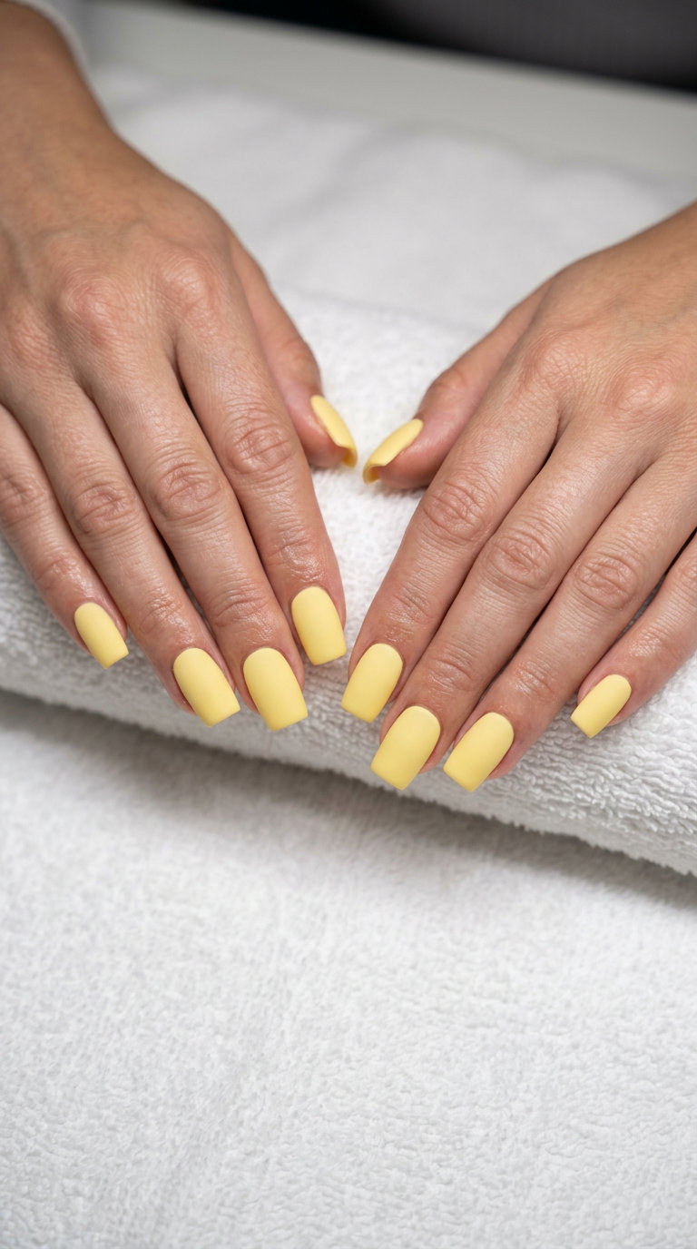 Bold matte butter yellow square nails for chic business casual summer 2026. Modern, sophisticated.