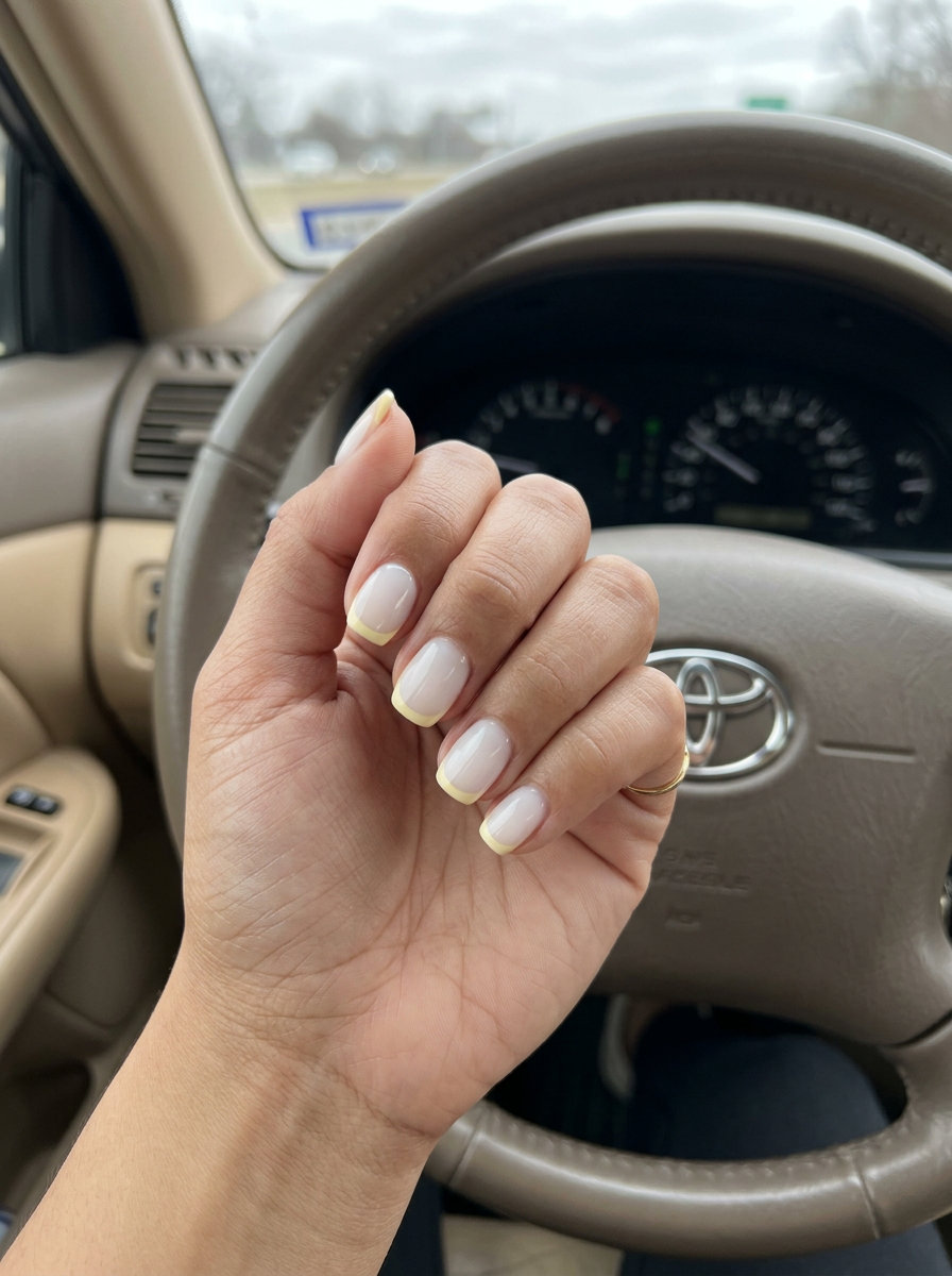 Milky white and butter yellow French tip nails, clean-girl work outfit for summer nails yellow 2026.