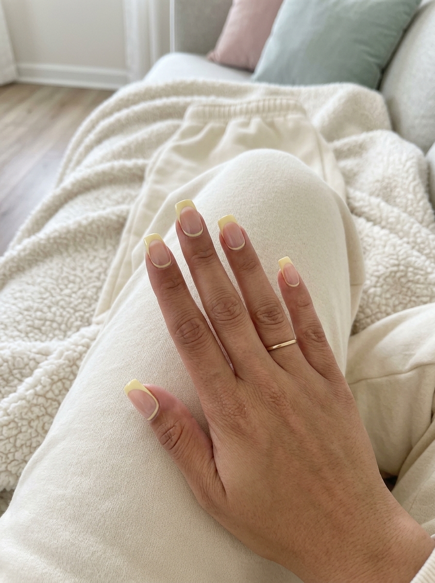 Butter yellow negative space French tip nails, modern casual chic outfit for summer nails yellow 2026.