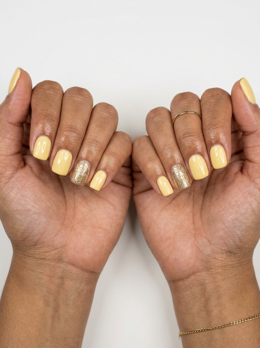 Chic butter yellow nails with subtle gold glitter accent for summer nails yellow 2026 brunch.