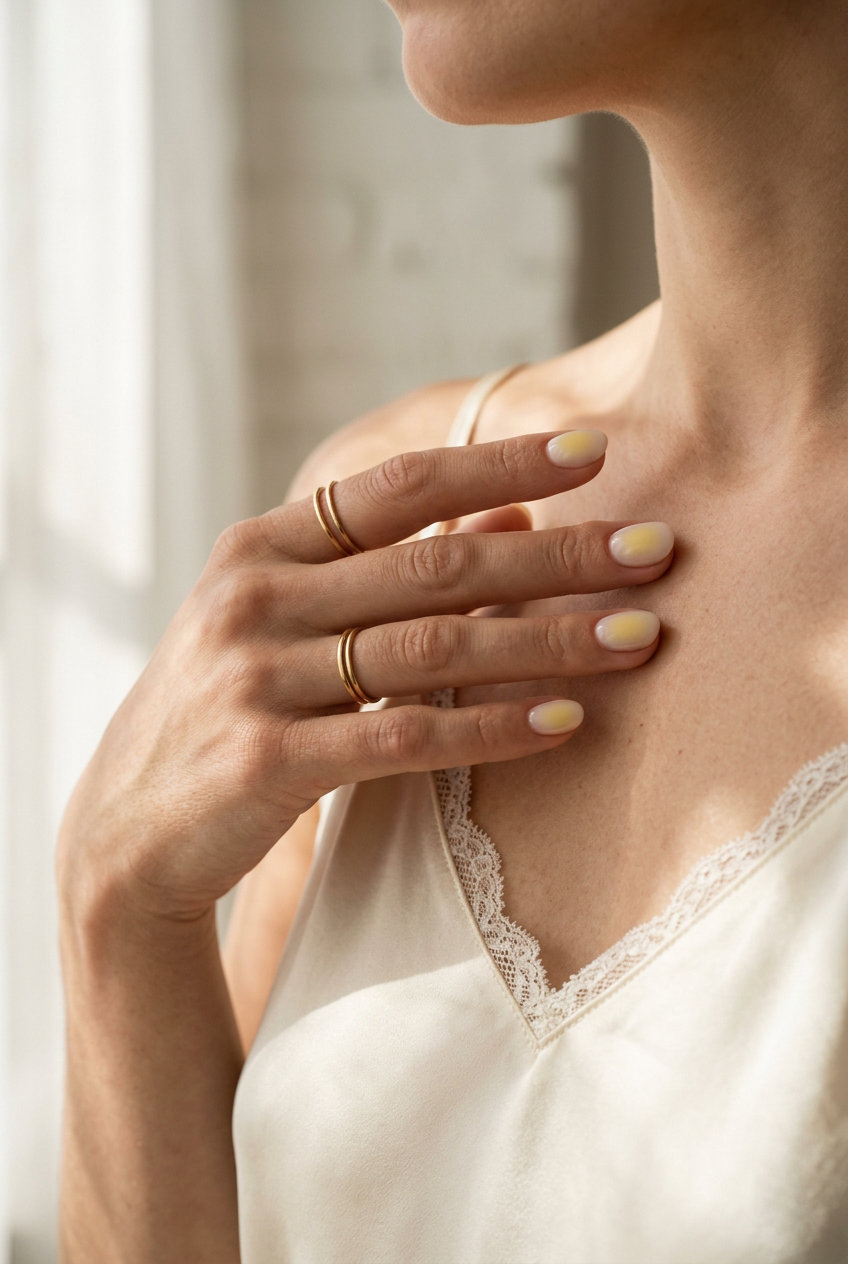 Ethereal pale yellow aura gradient nails for casual summer outings 2026. Subtle, romantic, calm.