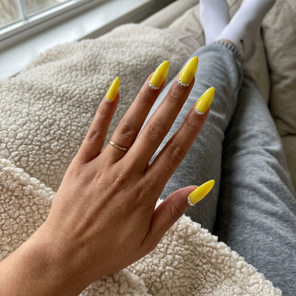 Vibrant lemon zest yellow almond nails with clear rhinestones, glamorous festival outfit for summer nails yellow 2026.