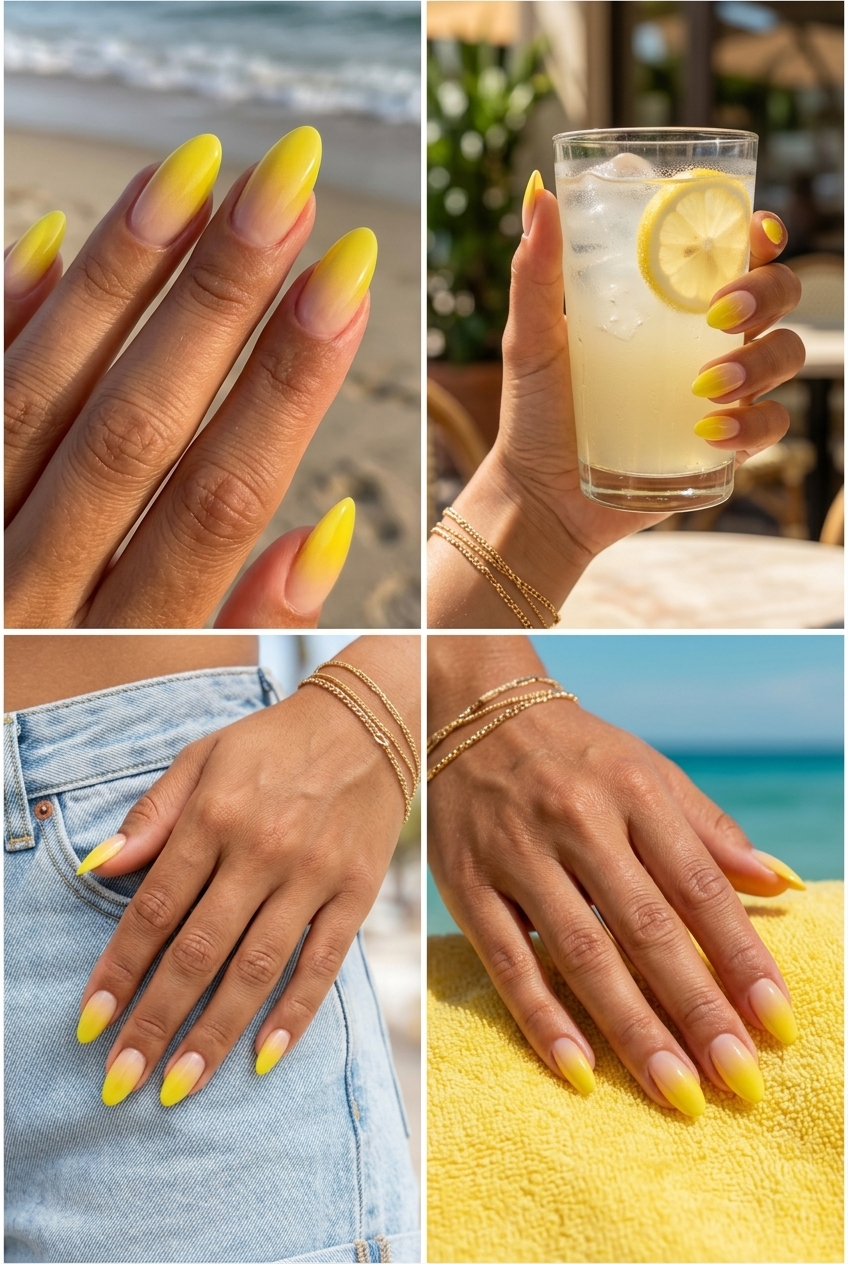 Lemon zest yellow airbrush gradient nails for summer weddings 2026. Romantic, ethereal daytime chic.