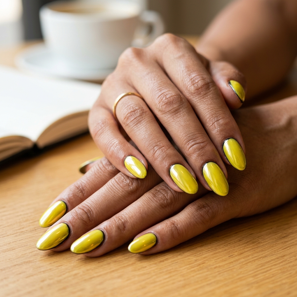 Glamorous lemon zest yellow chrome almond nails for summer nails yellow 2026 party.