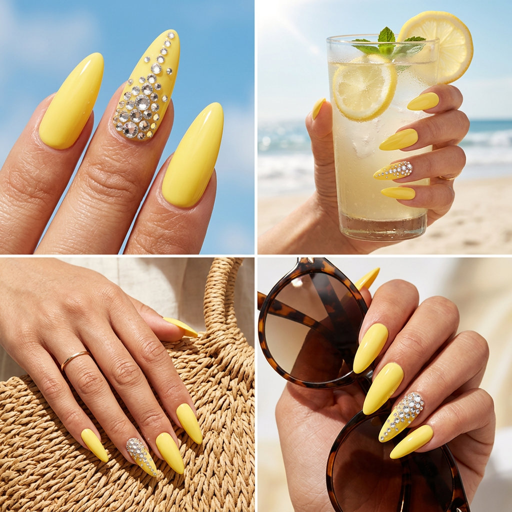 Glamorous lemon zest yellow nails with cascading clear crystal rhinestones for summer nails yellow 2026 party.