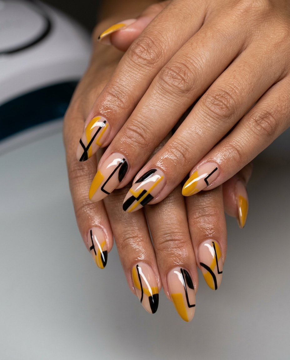 Mustard yellow and black abstract art nails, edgy party outfit inspiration for summer nails yellow 2026.