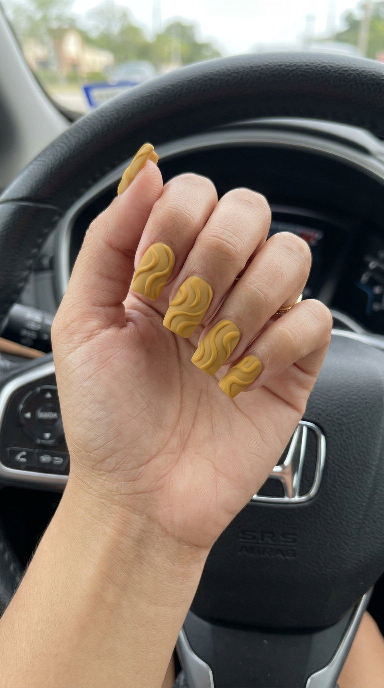 Mustard yellow matte nails with raised swirls, textured bohemian outfit for summer nails yellow 2026.
