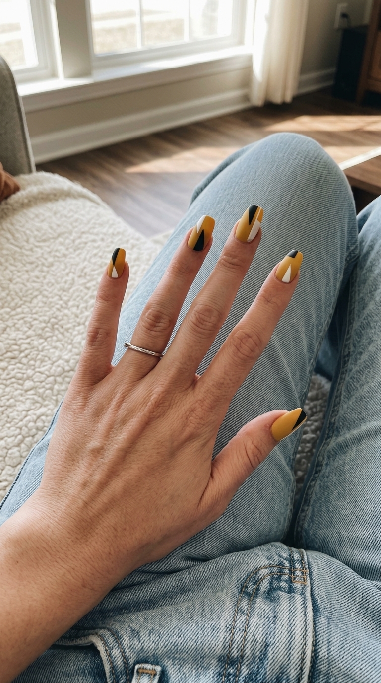 Edgy mustard yellow geometric nails with black and white accents for summer nails yellow 2026 night out.