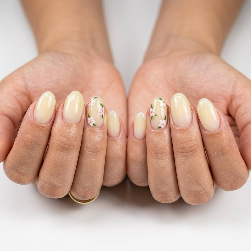 Romantic pale yellow nails with delicate floral art for summer nails yellow 2026 wedding guest.