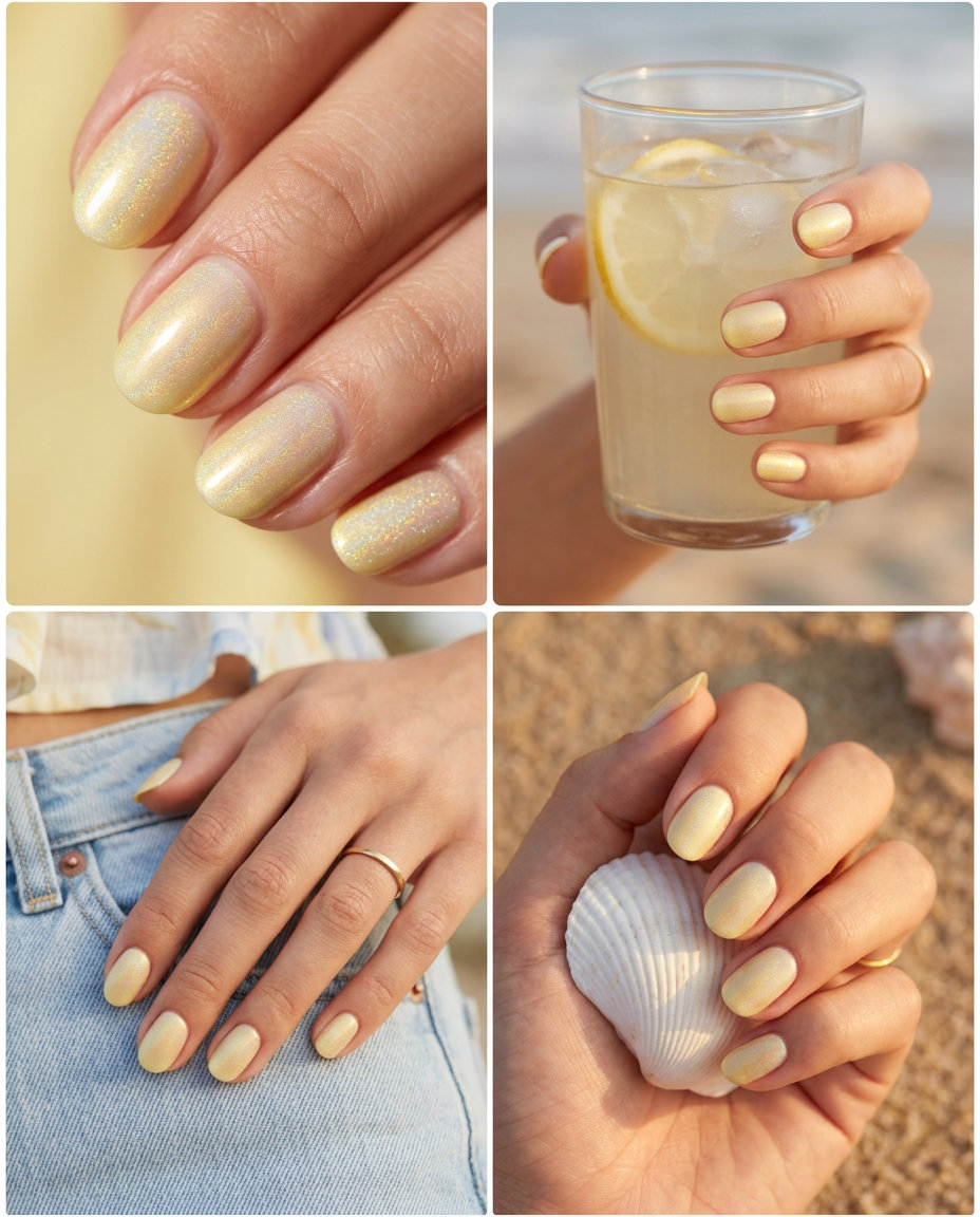 Pale yellow holographic glow nails for vacation summer 2026. Whimsical, romantic, ethereal.