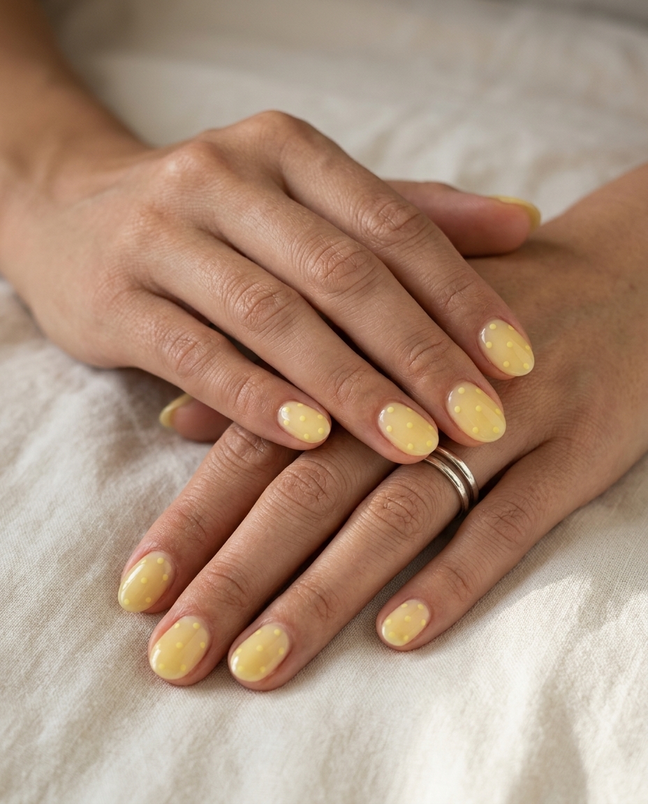 Pale pastel yellow jelly dot nails, playful date night outfit for summer nails yellow 2026.