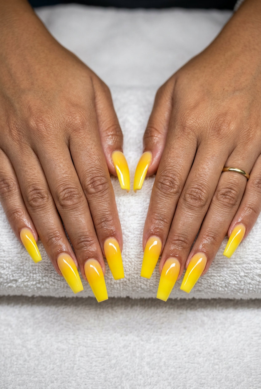 Bold vibrant yellow ombre stiletto nails for summer nails yellow 2026 festival.