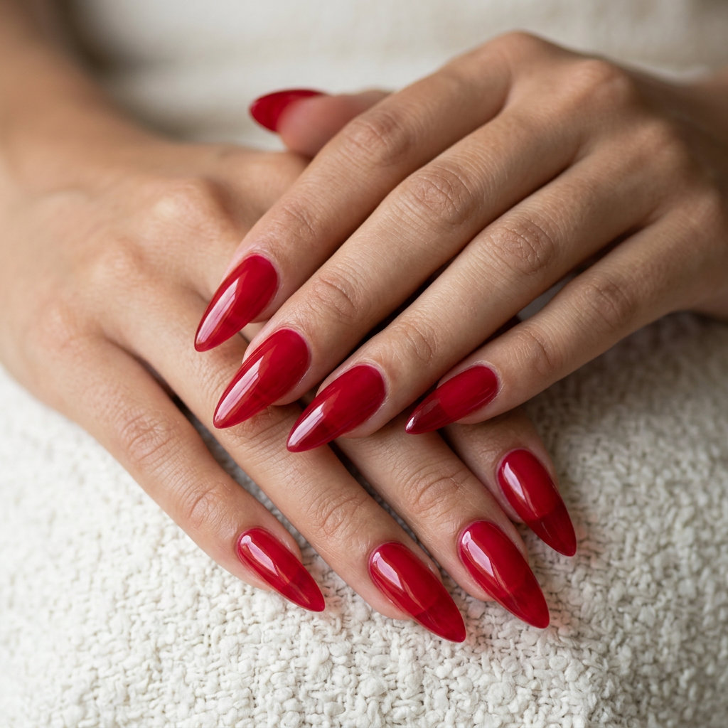 Bright cherry red jelly almond nails for summer 2026: sheer, glossy, and playful.