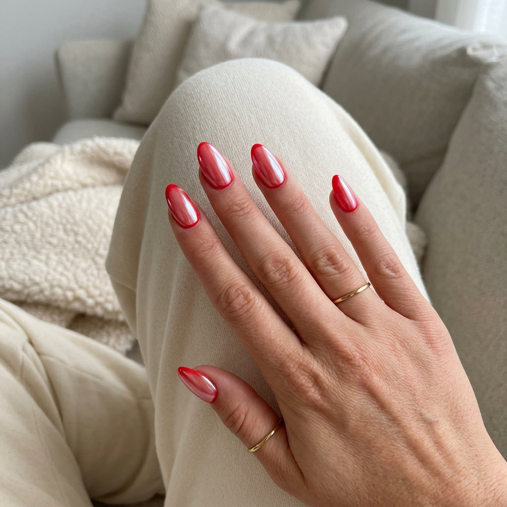 Bright red glazed donut nails for summer red nails 2026, ideal for vacations and parties.
